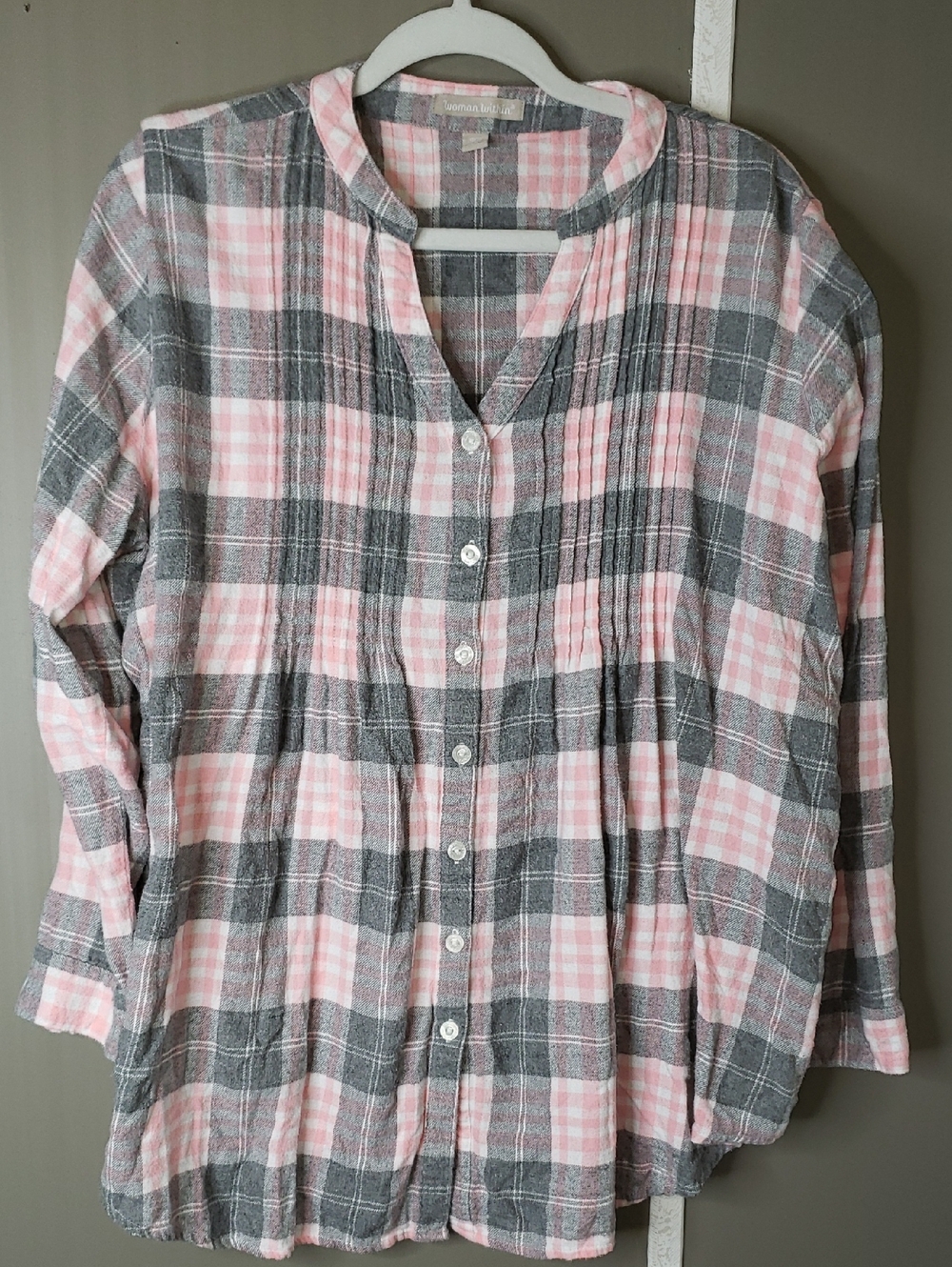 Woman Within Pink  Gray Plaid Flannel Babydoll Shirt Button Down Pleat 18W 20W L